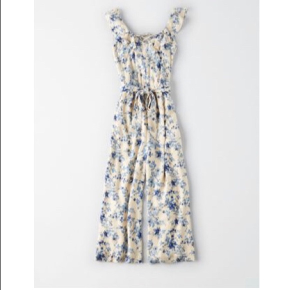 American Eagle Cream/Blue Floral Jumpsuit